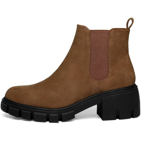 mysoft Women's Platform Chelsea Boots Lug Sole Slip On Chunky Block Heel - Picture 2 of 7